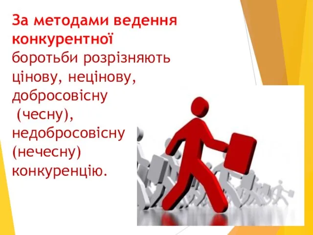 За методами ведення конкурентної боротьби розрізняють цінову, нецінову, добросовісну (чесну), недобросовісну (нечесну) конкуренцію.