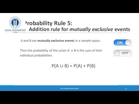 Probability Rule 5: Addition rule for mutually exclusive events DR SUSANNE HANSEN SARAL