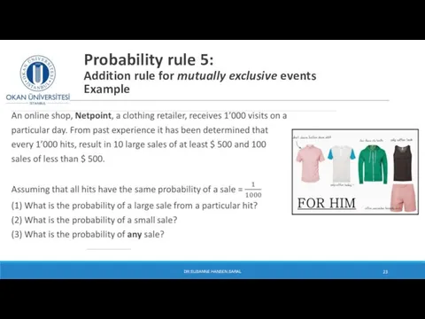 Probability rule 5: Addition rule for mutually exclusive events Example DR SUSANNE HANSEN SARAL