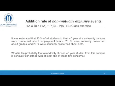 Addition rule of non-mutually exclusive events: P(A U B) = P(A)