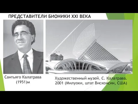 ПРЕДСТАВИТЕЛИ БИОНИКИ XXI ВЕКА Художественный музей. С. Калатрава. 2001 (Милуоки, штат Висконсин, США) Сантьяго Калатрава (1951)м