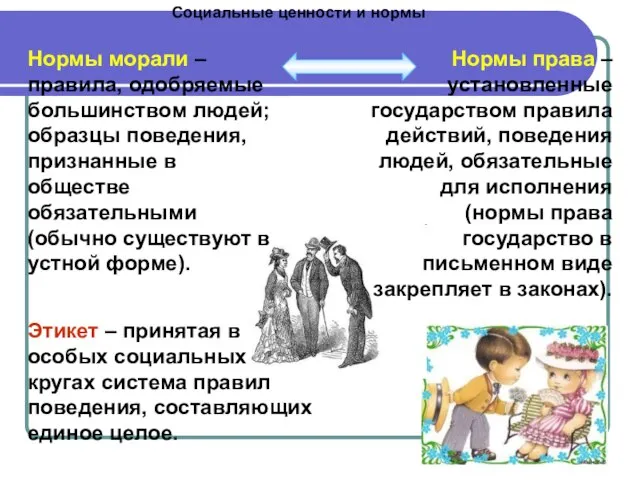 Социальные ценности и нормы Нормы морали – правила, одобряемые большинством людей;