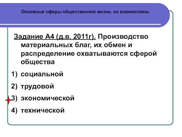 Основные сферы общественной жизни, их взаимосвязь Задание А4 (д.в. 2011г). Производство