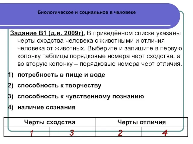 Биологическое и социальное в человеке Задание В1 (д.в. 2009г). В приведённом