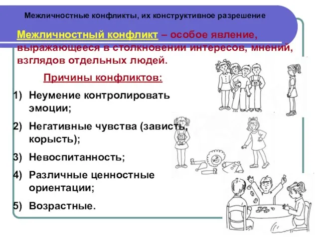 Межличностные конфликты, их конструктивное разрешение Межличностный конфликт – особое явление, выражающееся