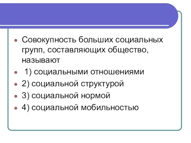 Совокупность больших социальных групп, составляющих общество, называют 1) социальными отношениями 2)