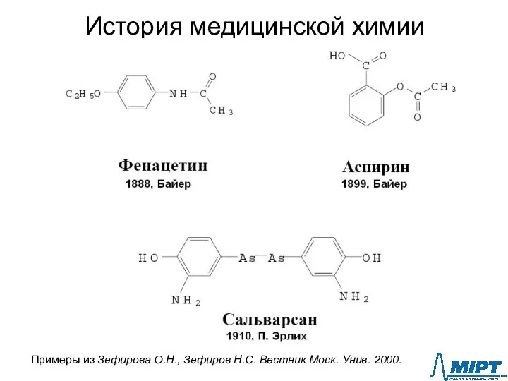 История медицинской химии Примеры из Зефирова О.Н., Зефиров Н.С. Вестник Моск. Унив. 2000.