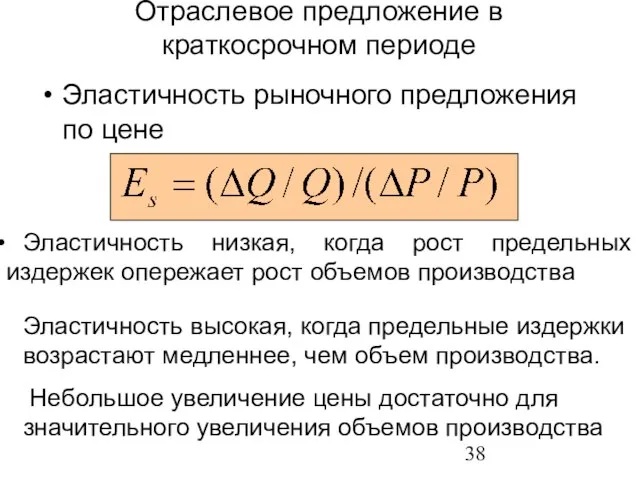 Отраслевое предложение в краткосрочном периоде Эластичность рыночного предложения по цене Эластичность