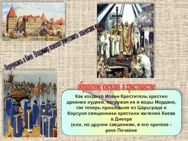 Вернувшись в Киев Владимир повелел уничтожить языческих идолов обращение киевлян в