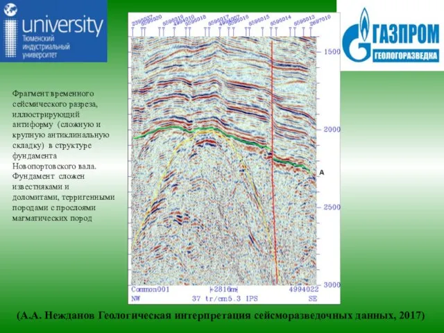 (А.А. Нежданов Геологическая интерпретация сейсморазведочных данных, 2017) Фрагмент временного сейсмического разреза,