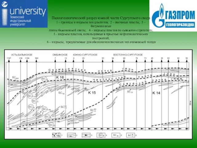 Палеогеологический разрез южной части Сургутского свода 1 – границы и индексы