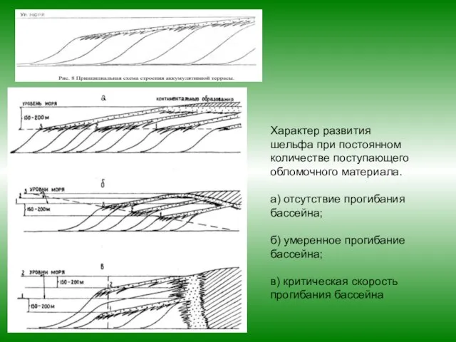 Характер развития шельфа при постоянном количестве поступающего обломочного материала. а) отсутствие