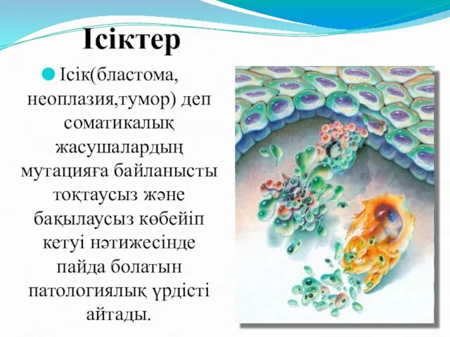 Ісіктер Ісік(бластома, неоплазия,тумор) деп соматикалық жасушалардың мутацияға байланысты тоқтаусыз және бақылаусыз