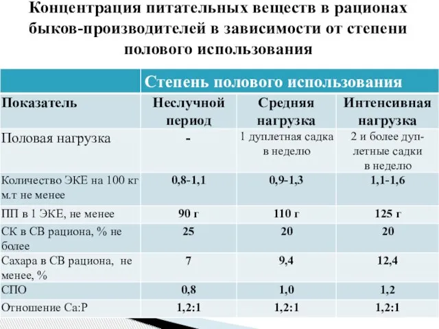 Концентрация питательных веществ в рационах быков-производителей в зависимости от степени полового использования