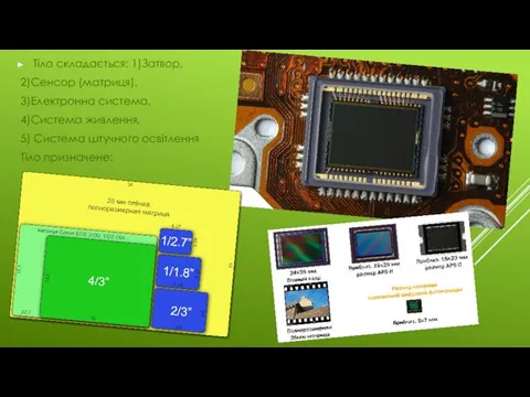 Тіло складається: 1)Затвор, 2)Сенсор (матриця), 3)Електронна система, 4)Система живлення, 5) Система штучного освітлення Тіло призначене: