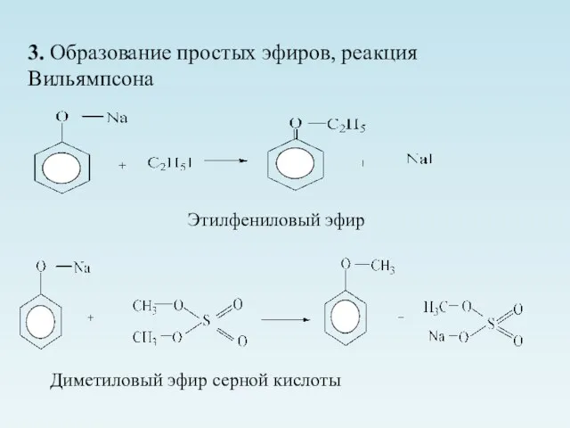 3. Образование простых эфиров, реакция Вильямпсона Этилфениловый эфир Диметиловый эфир серной кислоты