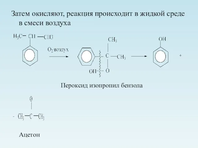 Затем окисляют, реакция происходит в жидкой среде в смеси воздуха Пероксид изопропил бензола Ацетон