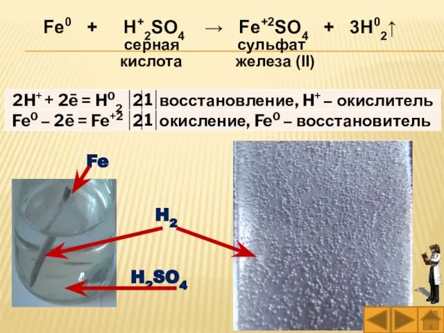 Fe0 + H+2SO4 → Fe+2SO4 + 3H02↑ серная сульфат кислота железа (II) Fe H2SO4 H2