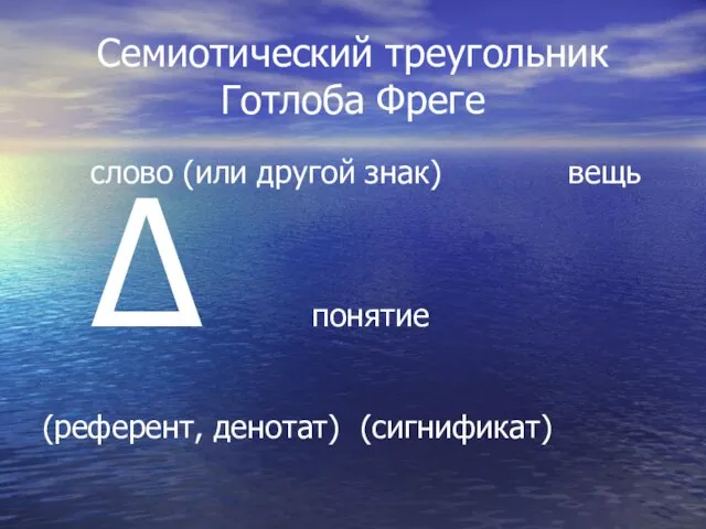 Семиотический треугольник Готлоба Фреге слово (или другой знак) вещь Δ понятие (референт, денотат) (сигнификат)