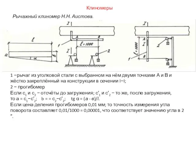 Рычажный клиномер Н.Н. Аистова. 1 −рычаг из уголковой стали с выбранном