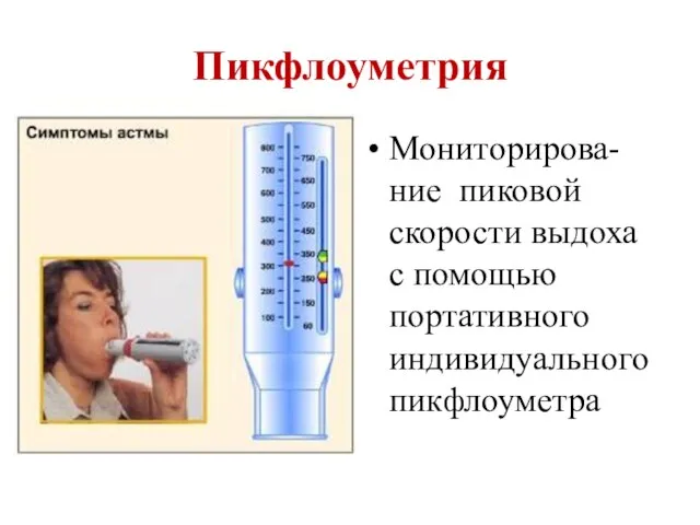 Пикфлоуметрия Мониторирова-ние пиковой скорости выдоха с помощью портативного индивидуального пикфлоуметра