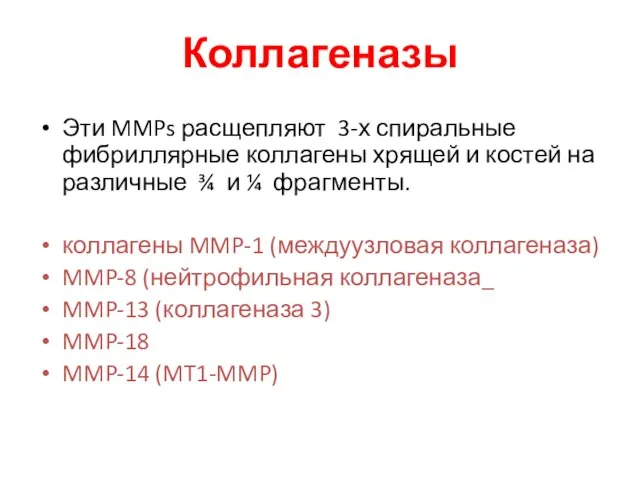 Коллагеназы Эти MMPs расщепляют 3-х спиральные фибриллярные коллагены хрящей и костей