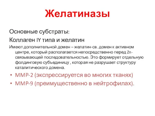 Желатиназы Основные субстраты: Коллаген IY типа и желатин Имеют дополнительной домен