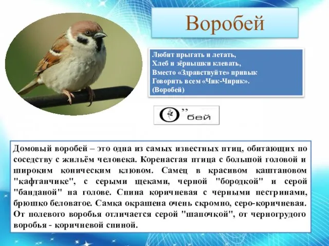 Воробей Любит прыгать и летать, Хлеб и зёрнышки клевать, Вместо «Здравствуйте»