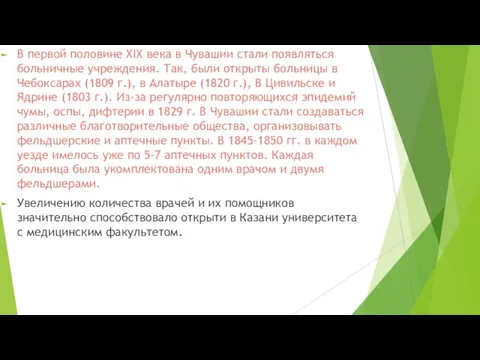 В первой половине XIX века в Чувашии стали появляться больничные учреждения.