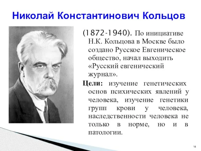 (1872-1940). По инициативе Н.К. Кольцова в Москве было создано Русское Евгеническое