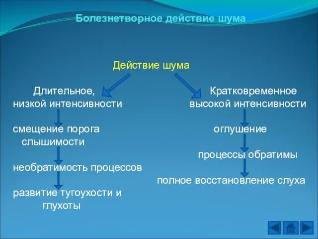 Болезнетворное действие шума Действие шума Длительное, Кратковременное низкой интенсивности высокой интенсивности