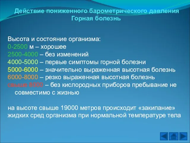 Действие пониженного барометрического давления Горная болезнь Высота и состояние организма: 0-2500