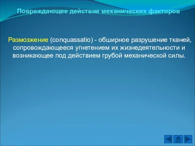 Повреждающее действие механических факторов Размозжение (conquassatio) - обширное разрушение тканей, сопровождающееся