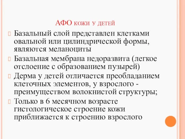 АФО кожи у детей Базальный слой представлен клетками овальной или цилиндрической