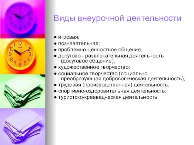 Виды внеурочной деятельности ● игровая; ● познавательная; ● проблемно-ценностное общение; ●