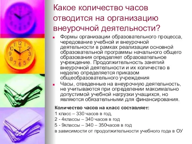 Какое количество часов отводится на организацию внеурочной деятельности? Формы организации образовательного