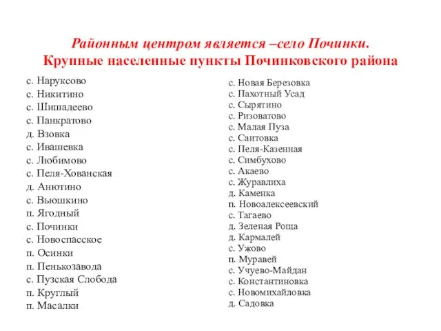 Районным центром является –село Починки. Крупные населенные пункты Починковского района с.