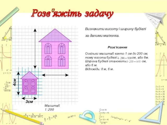 Масштаб 1:200 Визначити висоту і ширину будівлі за даними малюнка. Розв'язання