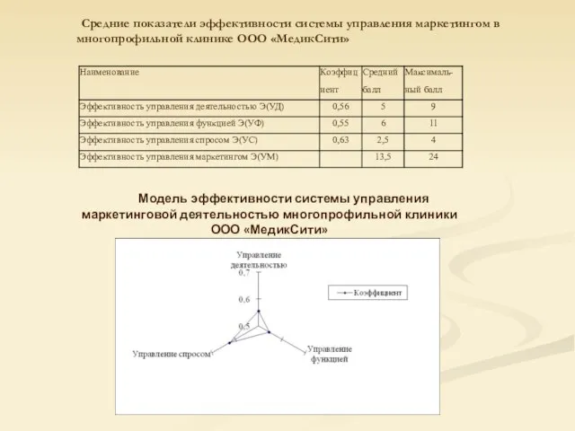 Средние показатели эффективности системы управления маркетингом в многопрофильной клинике ООО «МедикСити»