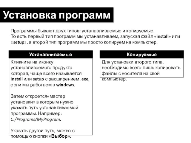 Установка программ Программы бывают двух типов: устанавливаемые и копируемые. То есть