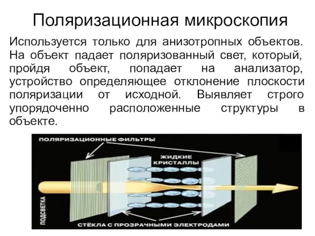 Поляризационная микроскопия Используется только для анизотропных объектов. На объект падает поляризованный