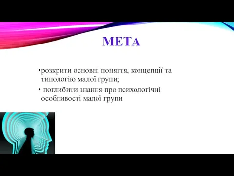 МЕТА розкрити основні поняття, концепції та типологію малої групи; поглибити знання про психологічні особливості малої групи