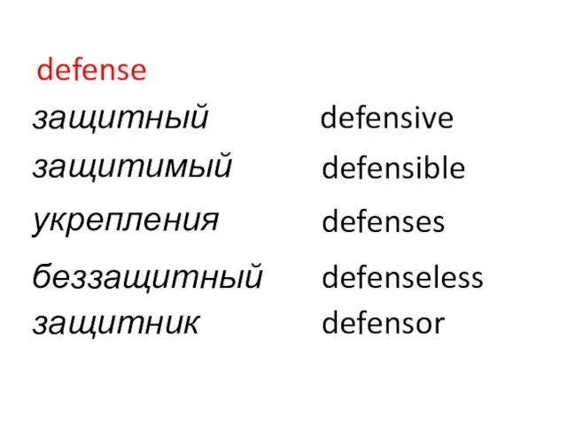 defense защитный defensive защитимый defensible укрепления defenses беззащитный defenseless защитник defensor