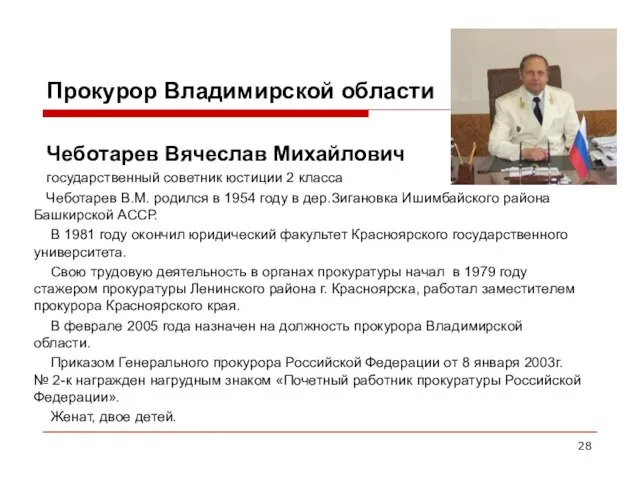 Прокурор Владимирской области Чеботарев Вячеслав Михайлович государственный советник юстиции 2 класса