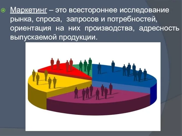 Маркетинг – это всестороннее исследование рынка, спроса, запросов и потребностей, ориентация