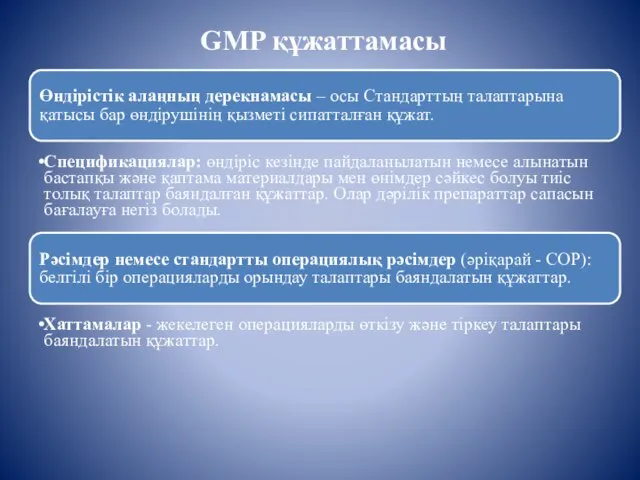 GMP құжаттамасы Өндірістік алаңның дерекнамасы – осы Стандарттың талаптарына қатысы бар