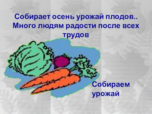 Собирает осень урожай плодов.. Много людям радости после всех трудов Собираем урожай