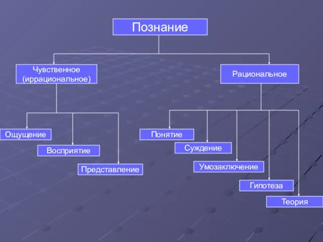 Познание Чувственное (иррациональное) Рациональное Ощущение Восприятие Представление Понятие Суждение Умозаключение Гипотеза Теория