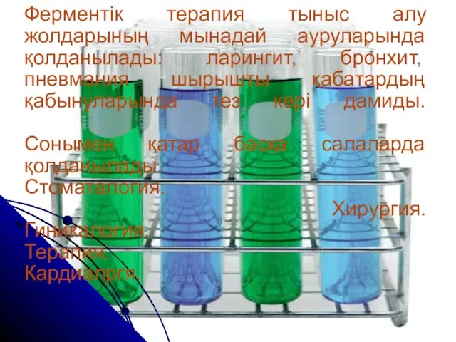 Ферментік терапия тыныс алу жолдарының мынадай ауруларында қолданылады: ларингит, бронхит, пневмания