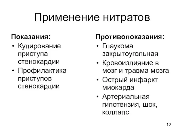 Применение нитратов Показания: Купирование приступа стенокардии Профилактика приступов стенокардии Противопоказания: Глаукома